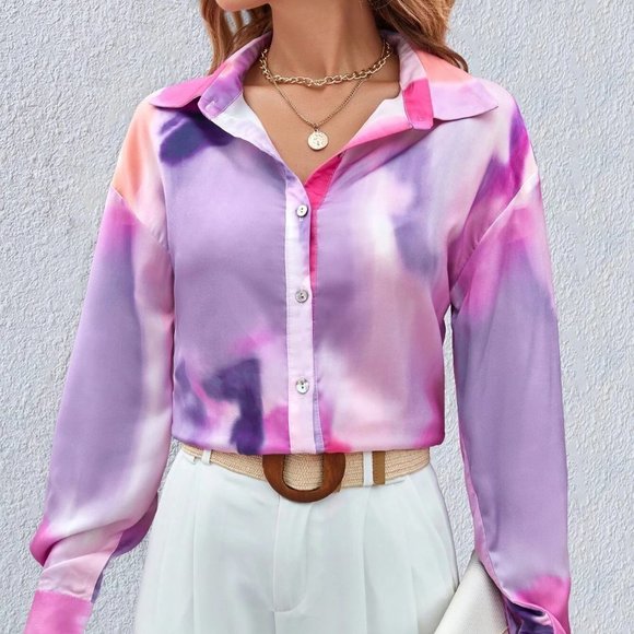 multicolor Tie Dye Drop Shoulder Button Front Shirt - Picture 1 of 5